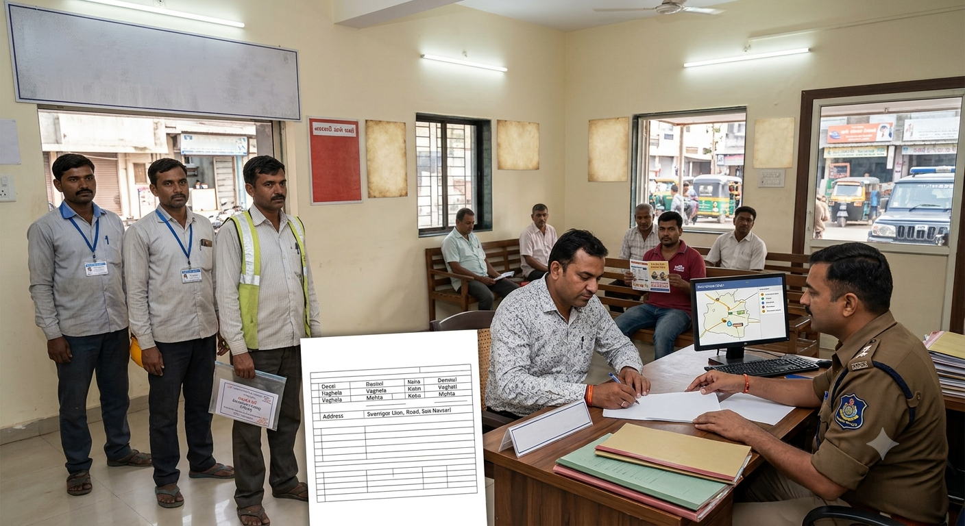 નવસારી જિલ્લાના કારખાના-ફેકટરીના કર્મચારી-મજુરો તથા પોતાના મકાન/ દુકાન/ ઓફિસ ઓદ્યોગિક એકમ ભાડે આપેલાની વિગત પોલીસને આપવી