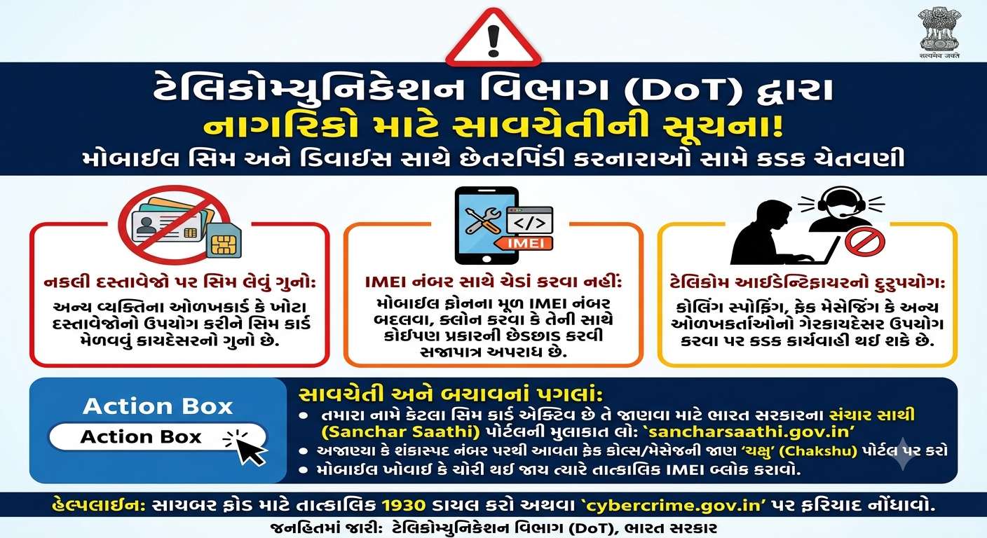 ટેલિકોમ્યુનિકેશન વિભાગે નાગરિકોને સિમ કાર્ડ જારી કરવામાં છેતરપિંડી, ટેલિકોમ ઓળખકર્તાઓનો દુરુપયોગ અથવા IMEI નંબર સાથે ચેડાં કરવા સામે ચેતવણી આપી